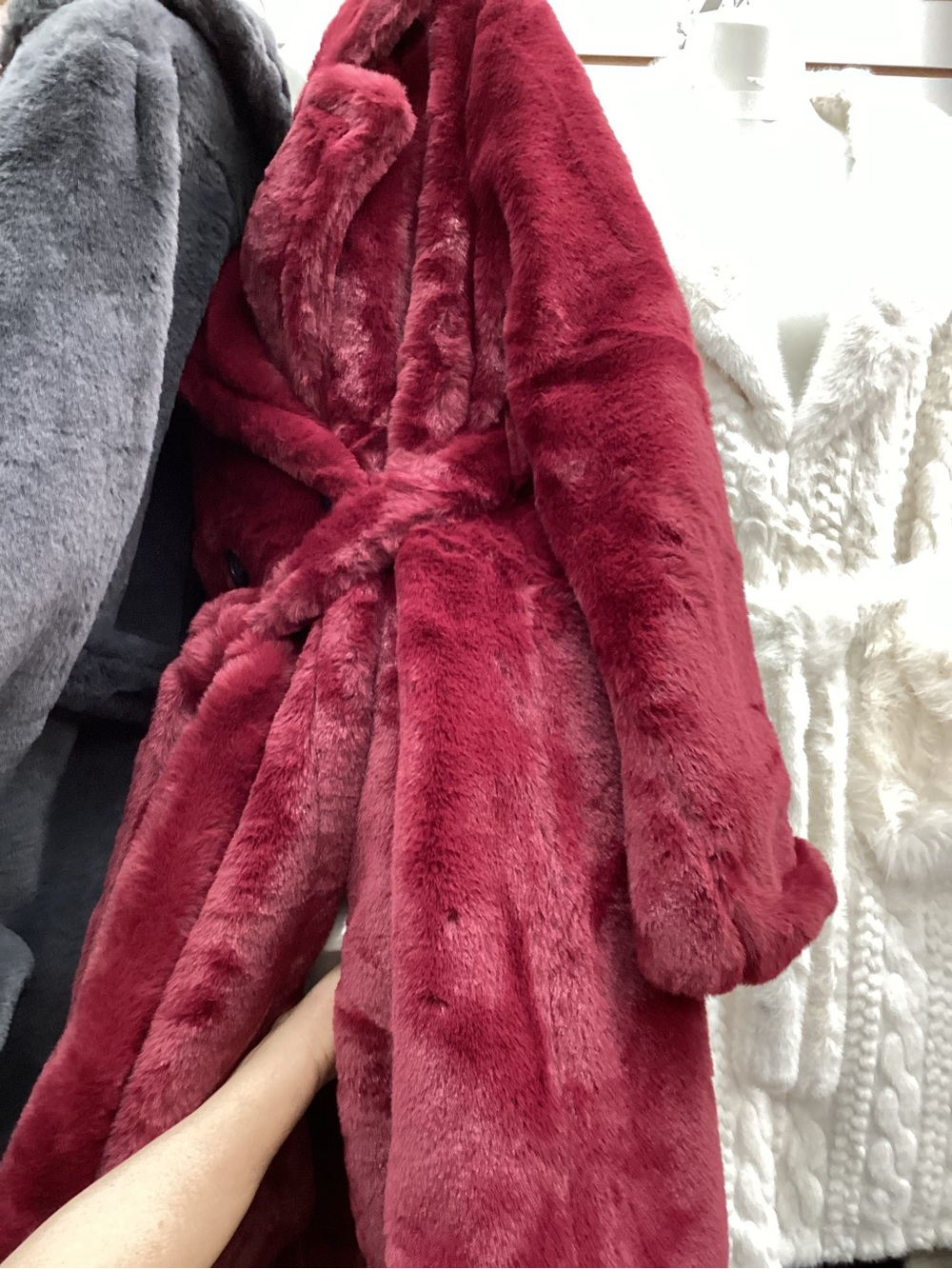 Plush Faux Fur Belted Coat - Red